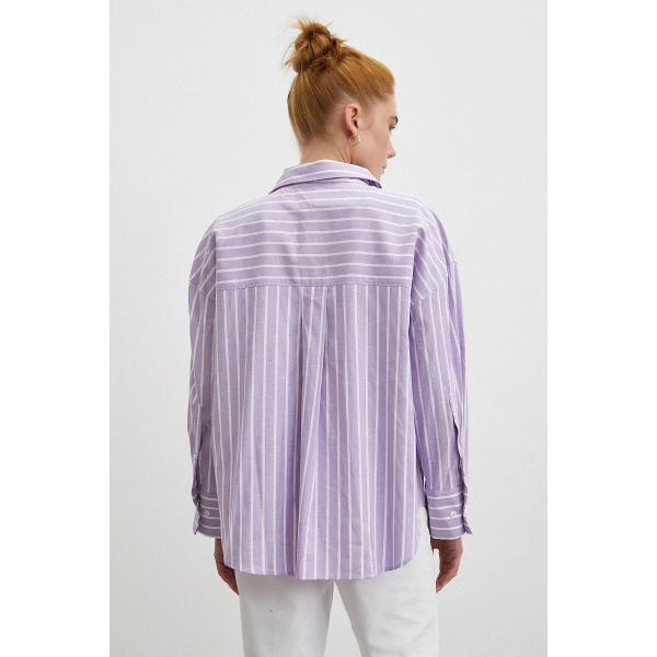 Uzun Kollu Çizgili Gömlek Lila
