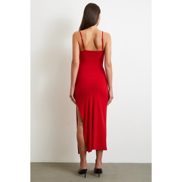 Yanı Büzgülü Askılı Elbise Yırtmaçlı Kırmızı