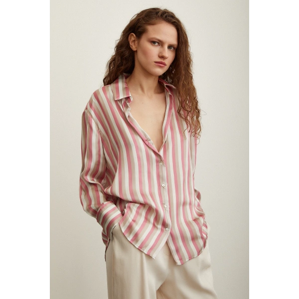Çizgili Saten Gömlek Pembe