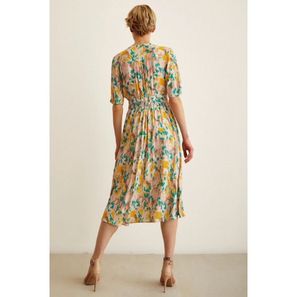 Çiçek Desen V Yaka Elbise Sarı