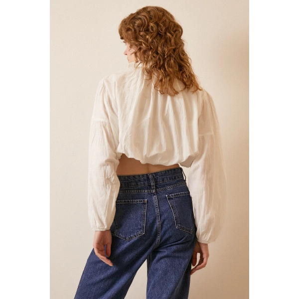 Balon Crop Gömlek Beyaz