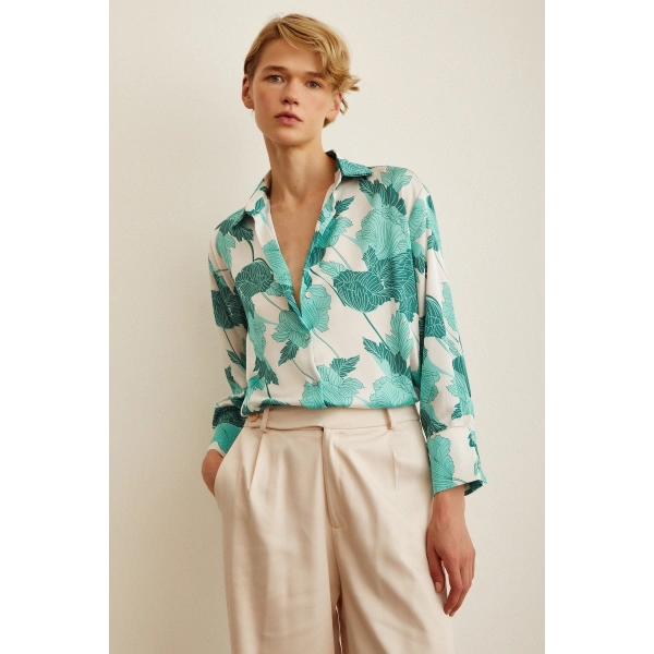 V Yaka Saten Gömlek Yeşil