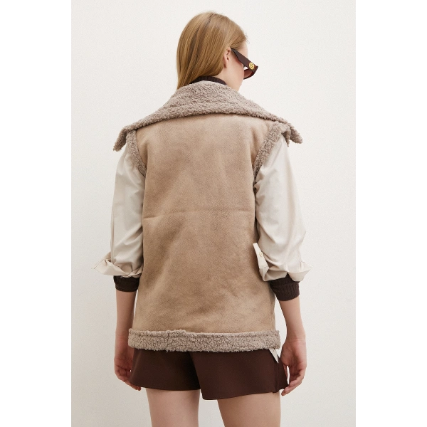 Süet Yünlü Deri Yelek Vizon