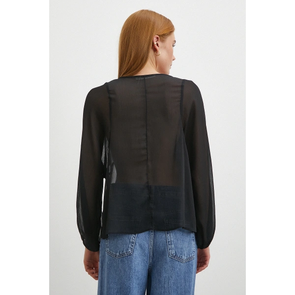 V Yaka Dantelli Transparan Bluz Siyah