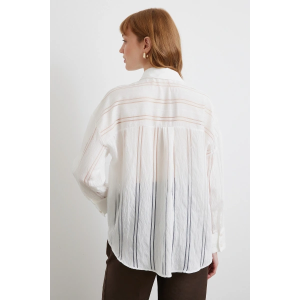 Organze Çizgili Gömlek Ekru