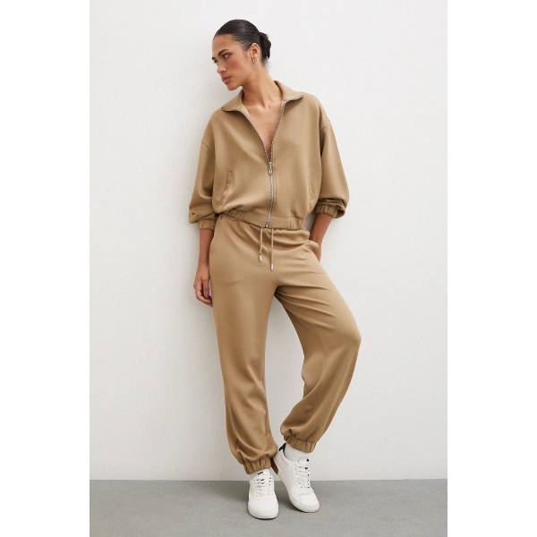 Fermuarlı Sweatshirt Camel