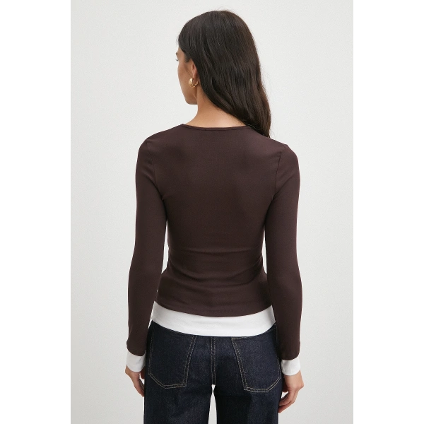 Garnili Çıtçıtlı Bluz Kahve