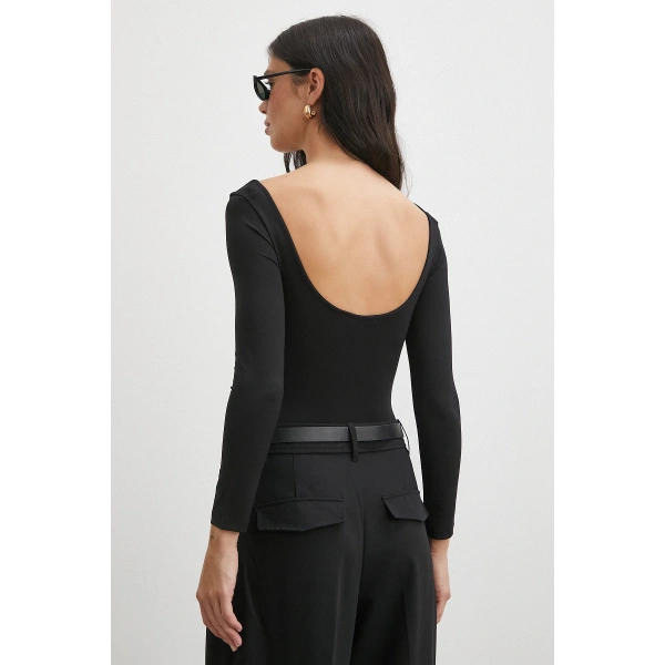 U Yaka Uzun Kollu Çıtçıtlı Bodysuit Siyah