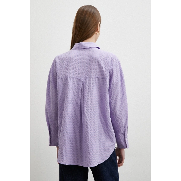 Gofre Kareli Gömlek Mor