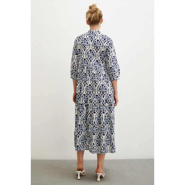 Hakim Yaka Desenli Maxi Elbise Lacivert