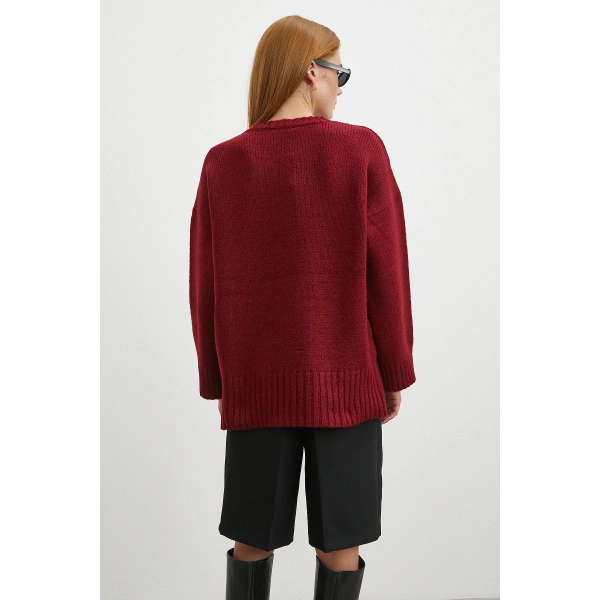 Bisiklet Yaka Fitilli Triko Kazak Bordo