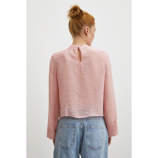 Dantel Kesimli Uzun Kollu Bluz Pembe