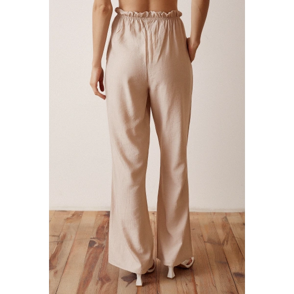 Beli Lastikli Biyeli Yüksek Bel Pantolon Bej