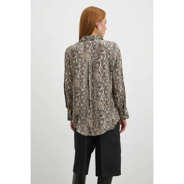 Yılan Desenli Viskon Saten Gömlek Siyah