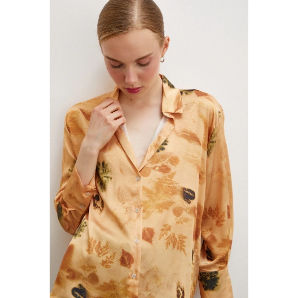 Desenli Saten Gömlek Somon