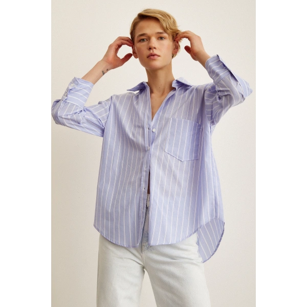 Çizgili Poplin Gömlek Açık Mavi