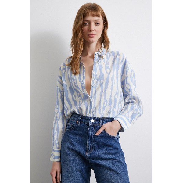 Zebra Desen Modal Gömlek Mavi