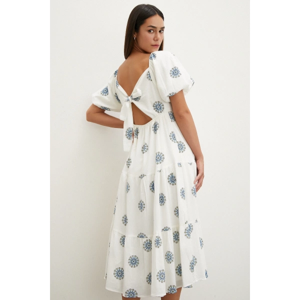 Sırtı Fiyonklu Keten Elbise Mavi