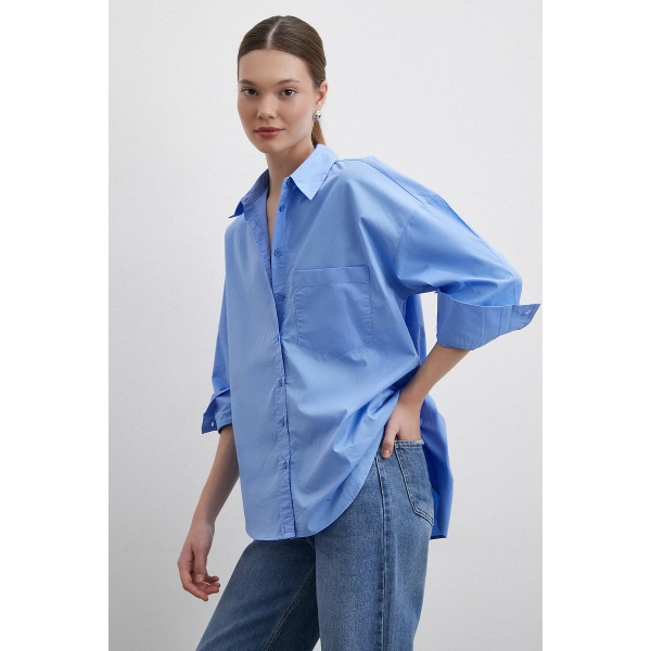Oversize Pamuklu Gömlek Mavi