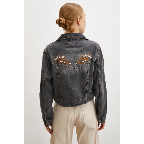 Sırtı Nakışlı Kot Mont Antirasit