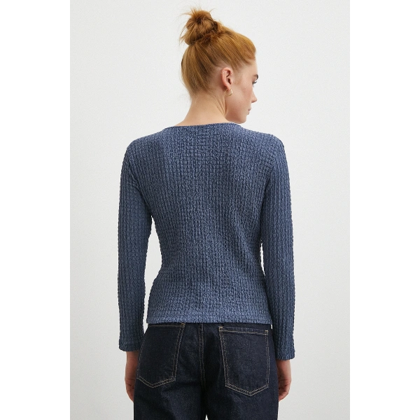 V Yaka Düğmeli Kazak Lacivert