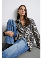 Leopar Desenli Saten Gömlek Bej