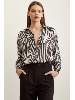 Zebra Desen V Yaka Saten Gömlek Siyah