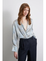 V Yaka Desenli Saten Gömlek Mavi