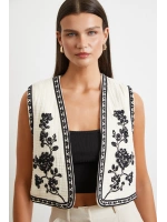 Nakış Oversize Yelek Krem