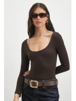 U Yaka Uzun Kollu Çıtçıtlı Bodysuit Kahve