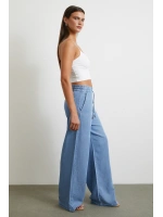 Beli Lastikli Bağcıklı Geniş Paça Pantolon Mavi