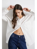 Cepli Oversize Keten  Gömlek Ekru