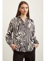 Zebra Desen V Yaka Saten Gömlek Siyah