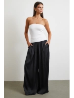 Beli Lastikli Geniş Paça Büzgülü Pantolon Siyah