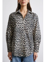 Leopar Desenli Saten Gömlek Bej