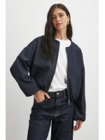 Beli Lastikli Fermuarlı Denim Görünümlü Bomber Ceket Lacivert