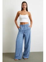 Beli Lastikli Bağcıklı Geniş Paça Pantolon Mavi