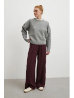 Çizgi Detaylı Geniş Paça Beli Lastikli Pantolon Bordo