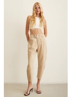 Beli Lastikli Düğme Kapalı Boyfriend Jean Bej