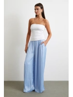 Beli Lastikli Geniş Paça Büzgülü Pantolon Mavi