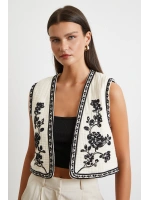 Nakış Oversize Yelek Krem