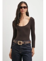 U Yaka Uzun Kollu Çıtçıtlı Bodysuit Kahve