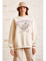 Bisiklet Yaka Baskılı Sweatshirt Krem