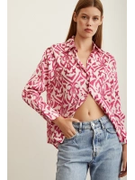 V Yaka Desenli Saten Gömlek Fuşya