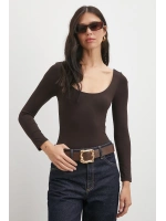 U Yaka Uzun Kollu Çıtçıtlı Bodysuit Kahve