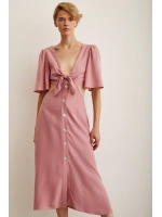 Önü Bağlamalı Balon Omuz Elbise Gül Kurusu