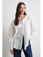 Cepli Oversize Keten  Gömlek Ekru