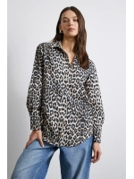 Leopar Desenli Saten Gömlek Bej