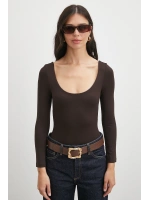 U Yaka Uzun Kollu Çıtçıtlı Bodysuit Kahve