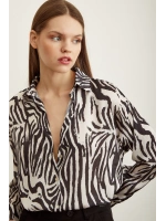 Zebra Desen V Yaka Saten Gömlek Siyah